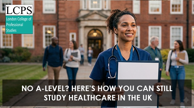 A smiling woman in NHS scrubs proudly holding an Access to Higher Education Diploma portfolio (blank) on a UK university campus courtyard at dusk, illustrating the successful alternative pathway to healthcare degrees without A-Levels.