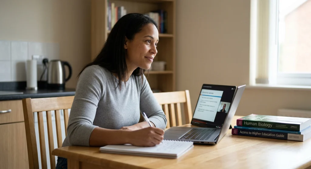 A mature student studying online at a kitchen table with anatomy textbooks, illustrating the Access to HE Diploma as a bridge to university healthcare degrees.