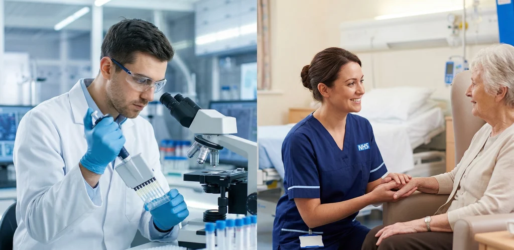 A split vertical comparison image: the left panel shows a laboratory scientist using a microscope, representing the Medical Science pathway; the right panel shows a nurse caring for an elderly patient, representing Nursing and Midwifery pathways.
