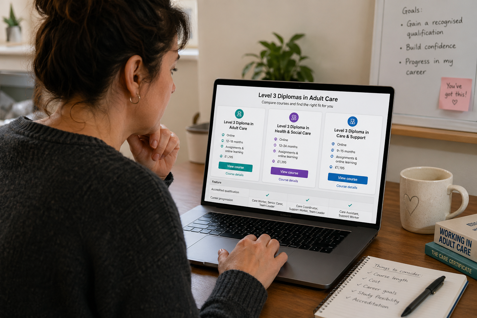 Adult care professional comparing Level 5 leadership and management course options online