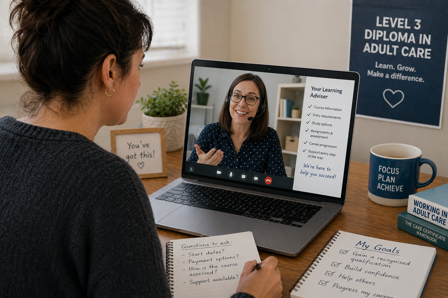 Adult care professional receiving online support and guidance for Level 5 leadership study